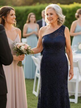 💙 Elegant Navy Lace One-Shoulder Maxi Dress – Size 12 – Mother of the Bride/Gro